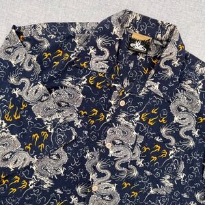 VTG Y2K PNB Nation Dragon Flame Button Up Hawaiian Shirt Men XL Navy Rayon Skate